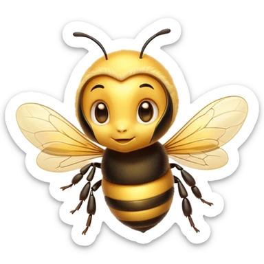 Cinematic Cute Bee Portrait Emoji, Head tilted playfully and inquisitively, featuring a delightfully small, fuzzy body with bright, shimmering eyes and adorable, delicate wings, Simplified yet irresistibly adorable features, highly detailed, glowing with a warm, inviting glow, high shine, affectionate and lively, stylized with a touch of whimsical honeyed charm, soft glowing outline, capturing the essence of a mischievous bee that seems as if it could buzz out of the screen into your arms! sticker