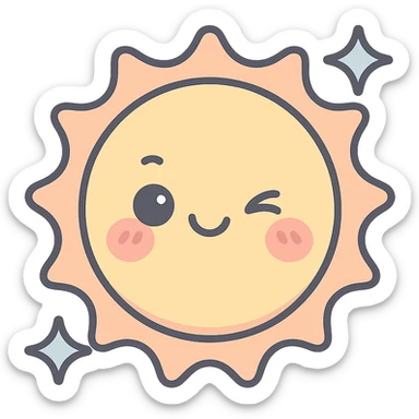 winking kawaii sun with sparkles, icon-color-outlined style, detailed shading, thin clean outlines, soft rounded features, pastel palette #98B5BC #B5B3C1 #C9A3C9 #E4C0CA #F7DCD1 #F7C0AA, modern Japanese pop art, sticker aesthetic, highly detailed, vector clarity, soft lighting, subtle shadows, transparent background sticker