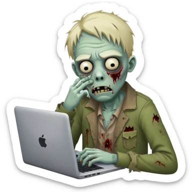 A tired sad zombie behind a laptop sticker