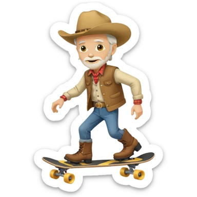 old man cowboy riding a skateboard, simple shapes, yellow face, cowboy hat, boots, western outfit, android emoji style sticker