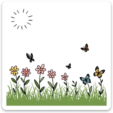 spring theme with blooming flowers, green grass, butterflies, and sunshine in pastel colors dd9fb0, ffc6d3, a3bfc9, c4bee2, f1b091, detailed hand-drawn doodle style sticker