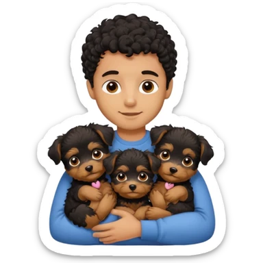 Young man with little brown skin, black curly hair, cheerful dark brown eyes, hugging two baby puppies Yorkie Breed sticker