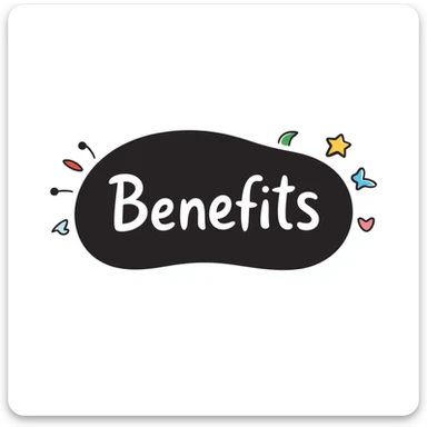 The word "Benefits" hand-drawn in white text with a dark background and just a few colorful accents. Simple doodle style with minimal decoration. sticker
