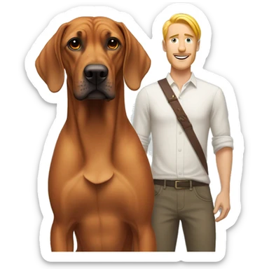 white male with long rainbow colored hair standing alongside a brown rhodesian ridgeback sticker