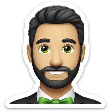 Young round face handsome man with bow tie and green eyes and full beard, black hair  sticker