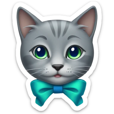 Gray cat with a blue bow and green eyes sticker