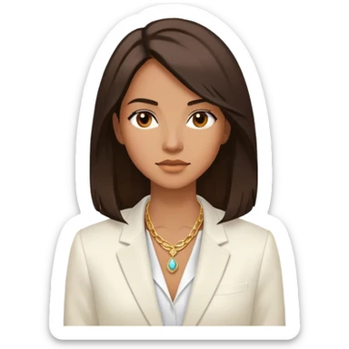 Emoji femenino con cabello suelto medio largo hasta los hombros color castaño oscuro. Tono de piel bronceado. Viste blazer color blanco y blusa de vestir blanca. Lleva tres collares  dorados sin piedra. Minimalista, clasico sticker