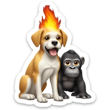 Dog breathing fire fighting a tiny gorilla with a mustache  sticker