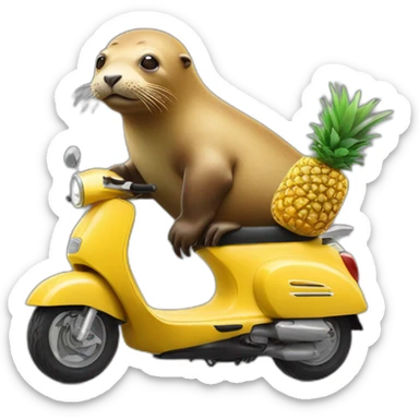 sealion eating a pineapple riding a moped sticker