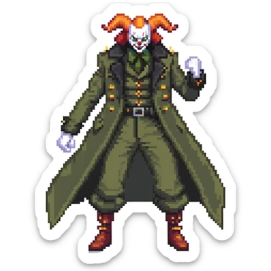 evil clown soldier, bald, small black horns on forehead, fangs, pointed ears, eye patch over one eye, long coat over black and military green clothes with bellbottom pants, tail, realistically proportioned, less bulky, full body, fighting stance sticker