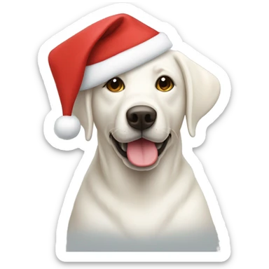 White lab wearing a Christmas hat sticker