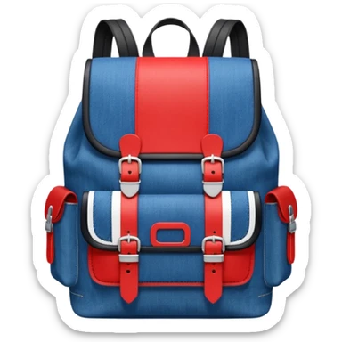 Minimalist emoji-style icon of a stylish blue denim backpack with a flap top, two vertical black buckle straps, a large red-white-navy horizontal block in the center, and two zipper side pockets. Inspired by Tommy Jeans design. Front view, cartoon-like, clean design.

 sticker