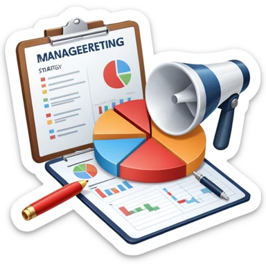 An icon featuring a pie chart, a megaphone, and a clipboard with strategy plans, symbolizing management and marketing. The design includes upward-trending graphs set against a modern office backdrop. Transparent background emphasizes business strategy and communication. sticker