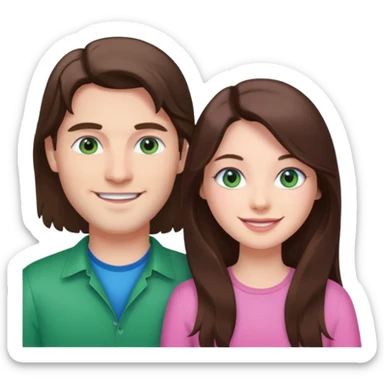 pink polaroid photo of a couple thats white with long brunette hair blue eyes and a white guy with brunette hair and green eyes sticker