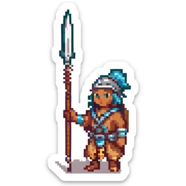 tribal colonist from RimWorld, pixel art style, holding a spear sticker