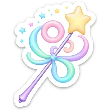 Cinematic cute magical wand, pastel swirls of color, tiny twinkling stars floating around, glowing softly, chubby rounded edges, whimsical and dreamy. sticker