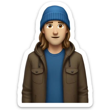 white man with long brown hair and brown beanie standing, wearing blue jacket sticker