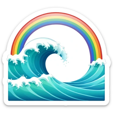 An ocean wave emoji with a rainbow emerging above it, representing peace and positivity after a storm. Minimal, glossy emoji design, vibrant yet calm color scheme. sticker