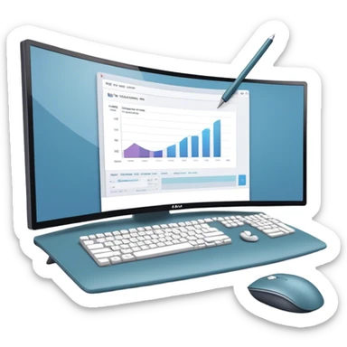 Create an emoji for UX/UI design. Large curved monitor, displaying UX/UI design interface. Include a mouse, keyboard, and stylus, symbolizing the design process. Use modern, professional colors. Do not include any emojis or smiley faces. Make the background transparent. sticker