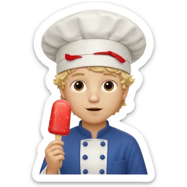 boy blonde curly hair, chef, eating ice pop sticker