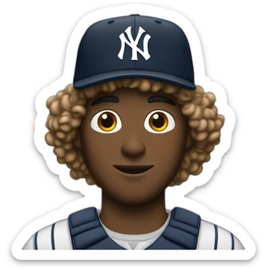 20yo curly hair man with a MacBook and a yankees cap sticker