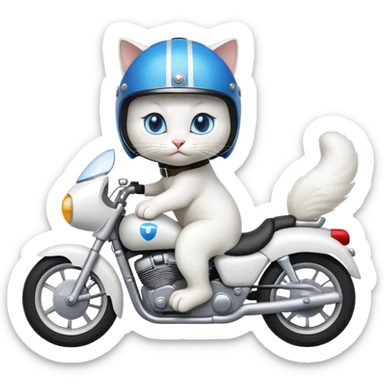white cat with blue eyes riding motorcycle  sticker