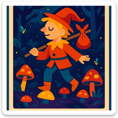 A tarot card featuring The Fool, set in a mystical forest with glowing mushrooms and fireflies, in a whimsical fantasy style. sticker