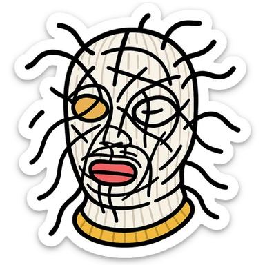 The mask is a full-head, white knitted balaclava with a tight ribbed texture. It features two asymmetrical eye openings and a partially exposed mouth area. Black thread is stitched across the surface in chaotic, abstract lines that trace facial features, giving a hand-drawn effect. Several black cords extend outward from the mask, varying in length and direction, adding a sculptural, almost organic appearance. The overall look is bold, handcrafted, and visually striking. sticker