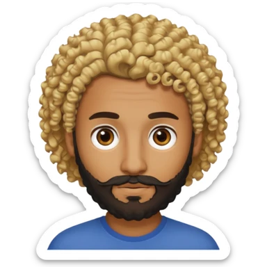 Brown man with curly blonde hair and a black beard sticker