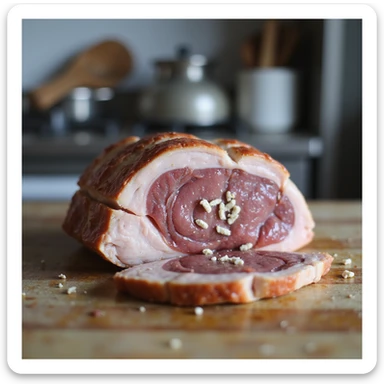 symbolic scene: pork meat slice cut in half, inside shows small white parasites despite cooking, modern kitchen background, Italian text: 'Attenzione: la cottura non elimina tutti i parassiti', 4K quality sticker