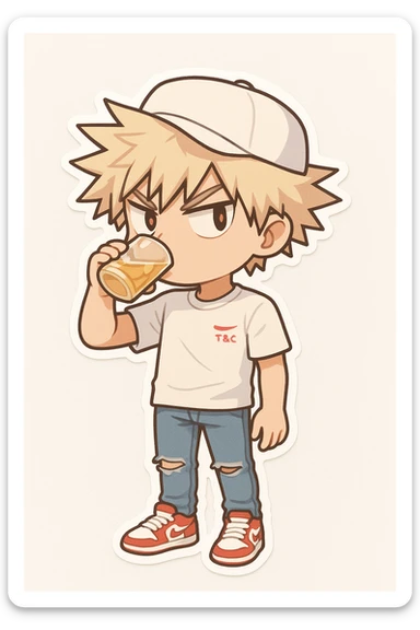 Create a chibi style character inspired by Bakugou Katsuki with cute chibi proportions. The character should wear a white t-shirt, white cap, ripped jeans, and red and white sneakers. Pose the character in a casual stance with spiky blond hair and an expressive face, capturing the essence of the reference images. sticker