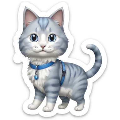 gray and white cat being walked on a blue leash sticker