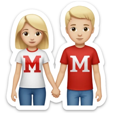 blonde girl and boy, girl with M letter shirt, boy with J letter, holding hands  sticker