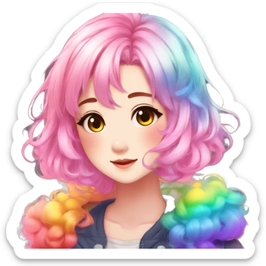 Gorgeous anime style shojo character with blushing face aesthetic and pretty colorful shiny gradient neon rainbow hair with hair garment trending style sticker