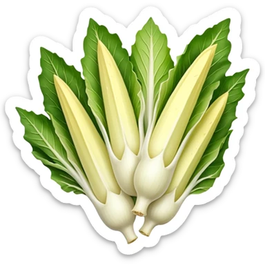 Belgian endive, whole, elongated and compact, pointed tip, tightly packed leaves, pale yellow to green outer leaves, creamy white base, smooth and crisp, subtle veins, 3D clean style, no faces, transparent background sticker