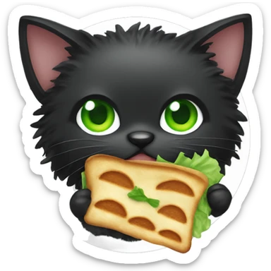 black super hairy cat with green eyes eating a panini sticker