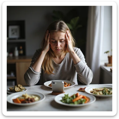 adult woman, photorealistic, diet not working, unable to lose weight, sad expression, sitting at table with diet plates, counting calories on an app, atmosphere of frustration, natural light, kitchen background sticker