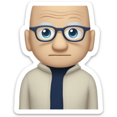 grumpy bald man with round glasses with navy sweater with blue eyes sticker