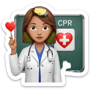 Teacher, female, brown hair up, holding a pointer to a white board with a CPR logo. sticker