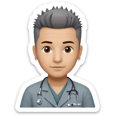 Dr. Efrén Rivera Santiago, a doctor with short spiked hair, gray scrubs, tattoos, and hook earrings, exudes professionalism and warmth. sticker