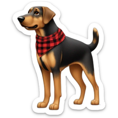 adult 75% Coonhound 25% German Shepherd mix dog with visible tail wearing small pointed red buffalo plaid bandana full body walking left sticker