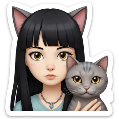 girl with long black  straight bangs hair and tattoos and a grey-shared cat sticker