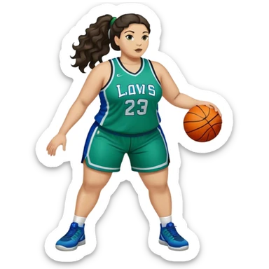 full body plus size light skin latino women basketball player with wavy dark hair in pony tail wide nose wearing blue green  uniform sticker