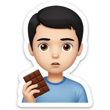 a PRETTY BRATZ boy with black hair eating chocolate and looking sad sticker