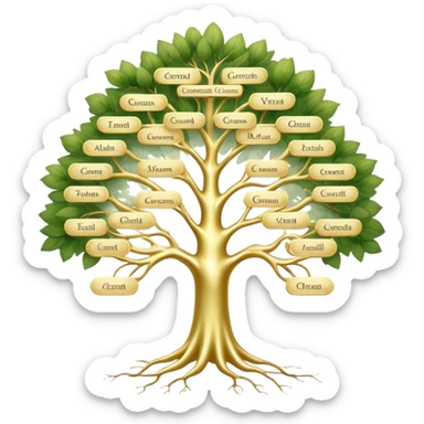 Tree of ancestral connections with ethereal, flowing branches linking generations, dreamy translucent family tree sticker