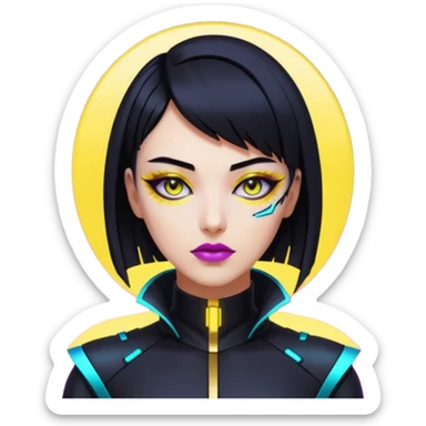 Cyberpunk woman, sleek black bob, gold neck cyberware, sharp eyeliner, neon lighting sticker