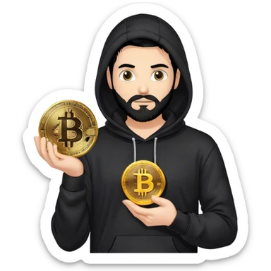 hackeur blanc cheveux noir barbe et capuche noir avec un bitcoin sticker