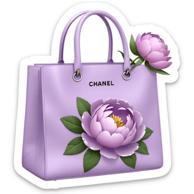 Realistic white chanel shopping bag with lilac peonies in it sticker