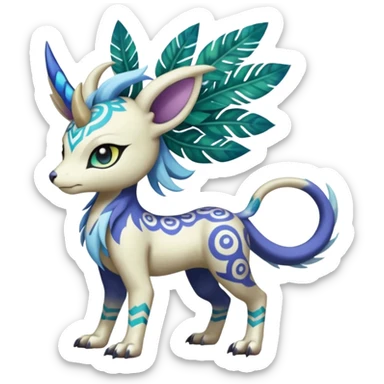 Tropical Tiny Marked Patterned Tribal Colorful Skilled Adept Graceful Asian Painted Garurumon-Meloetta-Absol-Suicune-Cobalion-fusion-hybrid-creature (full body) sticker