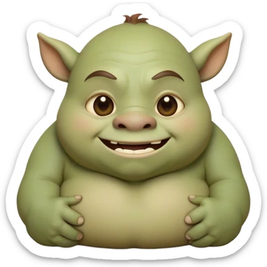 Cinematic Cute Ogre Portrait Emoji, with a surprisingly endearing, plump and huggable figure in soft earthy greens and browns, featuring big, kind eyes and a bashful smile, simplified yet irresistibly adorable, highly detailed with a soft glowing outline that captures the charm of a friendly giant who seems ready for a warm hug! sticker